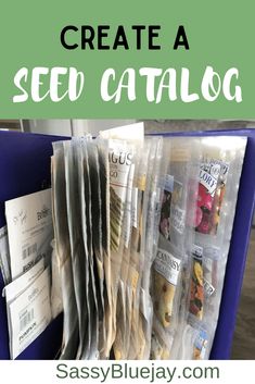 a blue bin filled with seed catalogs