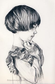 a black and white drawing of a woman's head with her hand on her chin