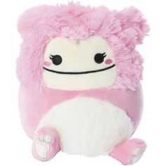 a pink and white stuffed animal with big eyes