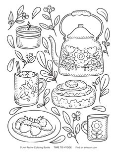 a coloring page with teapots and other things to color on the page, including cake