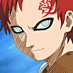 an anime character with red hair and blue eyes looking at something in the distance behind him