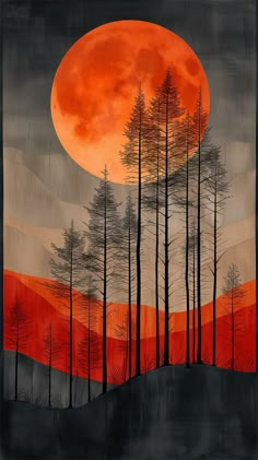 an orange and black painting with trees in the foreground, moon in the background