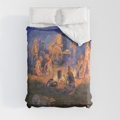 a bed with a painting on the side of it