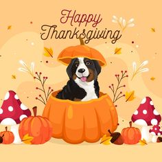 a happy thanksgiving card with a cute dog in a pumpkin costume surrounded by fall leaves and mushrooms