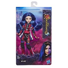 a doll with blue hair and purple eyes in a packaging for the monster hunter series