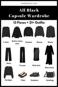 Women Basics Wardrobe, Gothic Capsule Wardrobe, Goth Wardrobe Essentials, Closet Must Haves For Women, All Black Capsule Wardrobe, Corporate Capsule Wardrobe, Goth Capsule Wardrobe, Esthetic School, All Black Wardrobe