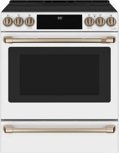 a white oven with gold trim and two burners on the front, and an oven door