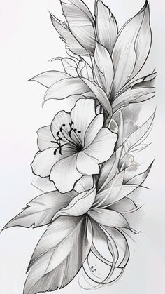 a black and white drawing of flowers with leaves on the bottom half of their petals