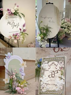 wedding signs and flowers on display for guests to sign