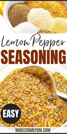 lemon pepper seasoning in a white bowl with spoons on the side and text overlay that says lemon pepper seasoning