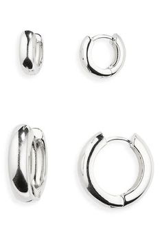 This set of polished huggie hoops delivers dainty or bold shine, depending on the size you choose for the day. Set includes two pairs of earrings 1/2" hoop diameter; 7/8" hoop diameter Post back 14k-gold plate or sterling silver plate Imported Silver Stackable Hoop Earrings For Everyday, Silver Huggie Hoop Earrings Stackable, Sterling Silver Hoop Huggie Earrings Stackable, Silver Stackable Huggie Earrings, Silver Hoops Earrings, Silver Huggie Earrings, Huggie Earrings Silver, School List, Earrings Double