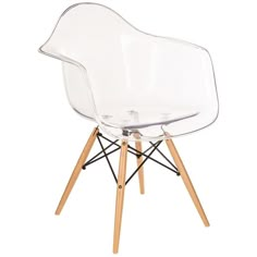 a clear plastic chair with wooden legs on an isolated white background for use in home decor