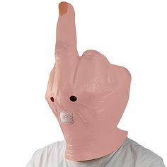 a person wearing a pink mask with an elephant on it's face and one hand in the air