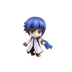 an anime figurine with blue hair is flying through the air and wearing a white coat