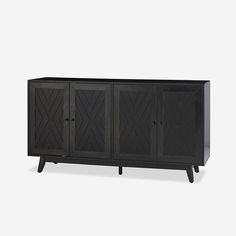 a black cabinet with three doors and two drawers on one side, the door is open