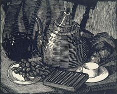 a black and white drawing of a tea pot, plate with fruit on the table