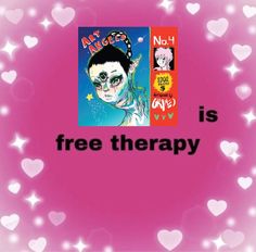 a pink background with hearts and the words free therapy is written in black on it