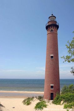 a light house sitting on top of a sandy beach next to the ocean and trees