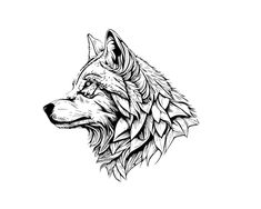 a wolf's head is shown in black and white