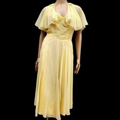 1930s Bias Cut Yellow Party Dress For Xs Size 2 Comes With With Pleated Chiffon Capelet Dress Has Yellow Satin Lining Bottom Layer Sheer Yellow Net Fabric Outer Layer Crown Metal Zipper (Late 1930s) Down The Side Strapless With Shirred Bodice Sweetheart Neckline Back Darts On Bodice Were Let Out Fitted Waist Bias Cut Skirt Top And Bottom Layers No Label - I Believe The Outer Layer Is Rayon Chiffon Capelet Is 13" Long, Closes With Small Button And Loop Peter Pan Rounded Collar Finely Pleated Bias Debutante Party, Yellow Party Dress, Chiffon Capelet, Yellow Party Dresses, Bias Dress, Capelet Dress, Net Skirt, Yellow Party, Bias Cut Skirt