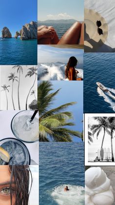 a collage of photos with palm trees and people in the water