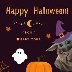 a baby yoda in a witches hat next to a halloween pumpkin with the words happy halloween