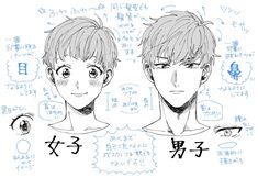 two anime characters with different facial expressions on their faces and in front of some writing