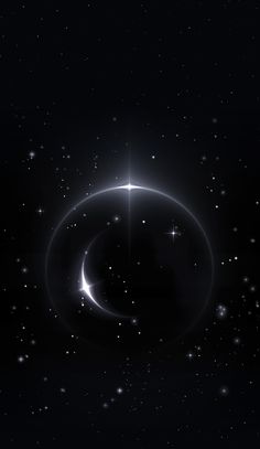 a black and white photo with stars in the night sky, as well as an image of a ring