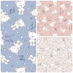 four different patterns of teddy bears on blue, pink and white fabric with stars in the background