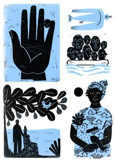 an image of four different types of hand and plant designs in blue, black and white