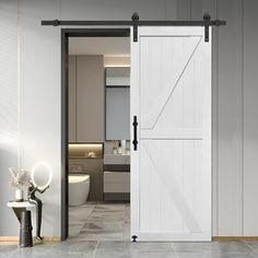 an open sliding door in a modern bathroom