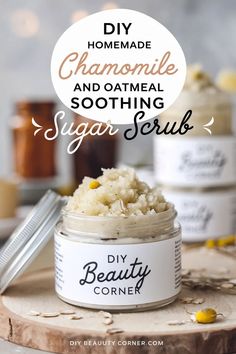 Calming DIY Chamomile & Oatmeal Sugar Scrub Sugar Cookie Scrub Diy, Easy Homemade Sugar Scrub, Oatmeal Body Scrub Diy, Diy Face Scrub For Sensitive Skin, Coconut Oil Sugar Scrub Recipe, Home Made Sugar Scrub Recipe, Diy Christmas Sugar Scrub, Homemade Exfoliating Scrub Face