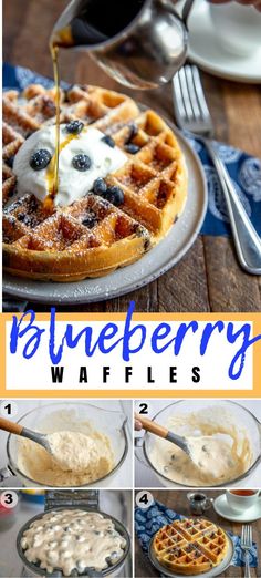 blueberry waffles are being served with cream and syrup