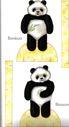 three panda bears sitting on top of each other with bamboo in their hands and the words bamboo written below them