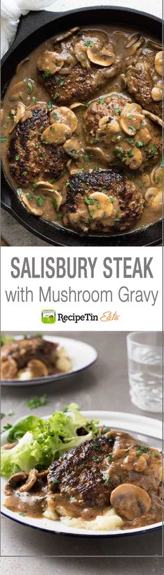 steak with mushroom gravy in a cast iron skillet