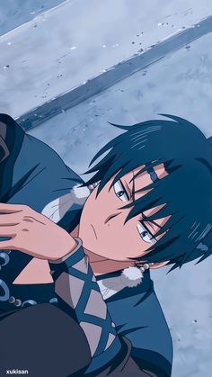 an anime character with black hair and blue eyes is holding his arm out to the side