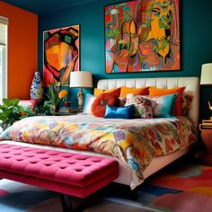 a colorful bedroom with an upholstered bed and painting on the wall above it