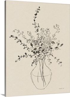 a black and white drawing of flowers in a vase