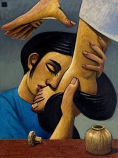 a painting of a man holding his foot up to another person's head with both hands