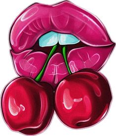 the lips and cherries are painted in pink