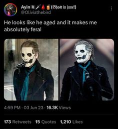 two photos of the same person with different facial expressions on their faces, one is wearing a skeleton mask