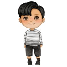 a cartoon boy with black hair wearing a striped shirt and dark pants, standing in front of a white background