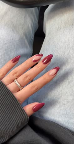 Fall Nails On Real Nails, Short Almond Shaped Nails Designs Fall, Deep Red French Tip Nails Almond, Burgundy Nails With Accent Nail, Short Red Almond Nails Designs, Dip Nails February, Single Color Nail Designs, Marron Nails Designs, Almond Nail Styles