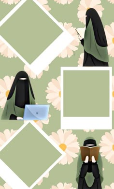 two women in hijabs are looking at something on the wall with flowers behind them