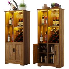 two wooden cabinets with wine bottles in them