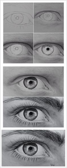 four different types of eyes are shown in this drawing lesson, which shows how to draw the