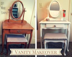 vanity makeover with stool and mirror before and after using chalk paint in the bathroom