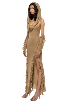 Introducing the Desert Wasteland-inspired dress collection. With its asymmetric cut and a subtle, low-saturation nude hue, these dresses exude elegance. Crafted from ultra-elastic spandex mesh, they offer a figure-hugging fit that accentuates your curves flawlessly. The dresses feature a hooded design and come with matching mesh sleeves, adding depth and dimension to the overall look. Sheer Brown Party Dress, Brown Sheer Spring Dress, Dystopian Dress, Brown Mesh Dress, Fitted Sheer Brown Dresses, Desert Wasteland, Sand Dress, Dress With Fur, Taupe Outfit