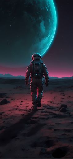 an astronaut walking across a desert under a full moon