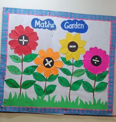 a bulletin board with flowers on it and the words maths garden written in large letters